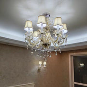 Oversized European-style Luxury Branch Crystal Chandelier Golden Fabric Lampshade Multi-layers Light Fixture For Living Room/Foyer