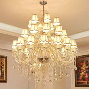 Oversized European-style Luxury Branch Crystal Chandelier Golden Fabric Lampshade Multi-layers Light Fixture For Living Room/Foyer