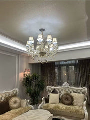 Oversized European-style Luxury Branch Crystal Chandelier Golden Fabric Lampshade Multi-layers Light Fixture For Living Room/Foyer