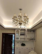 Oversized European-style Luxury Branch Crystal Chandelier Golden Fabric Lampshade Multi-layers Light Fixture For Living Room/Foyer