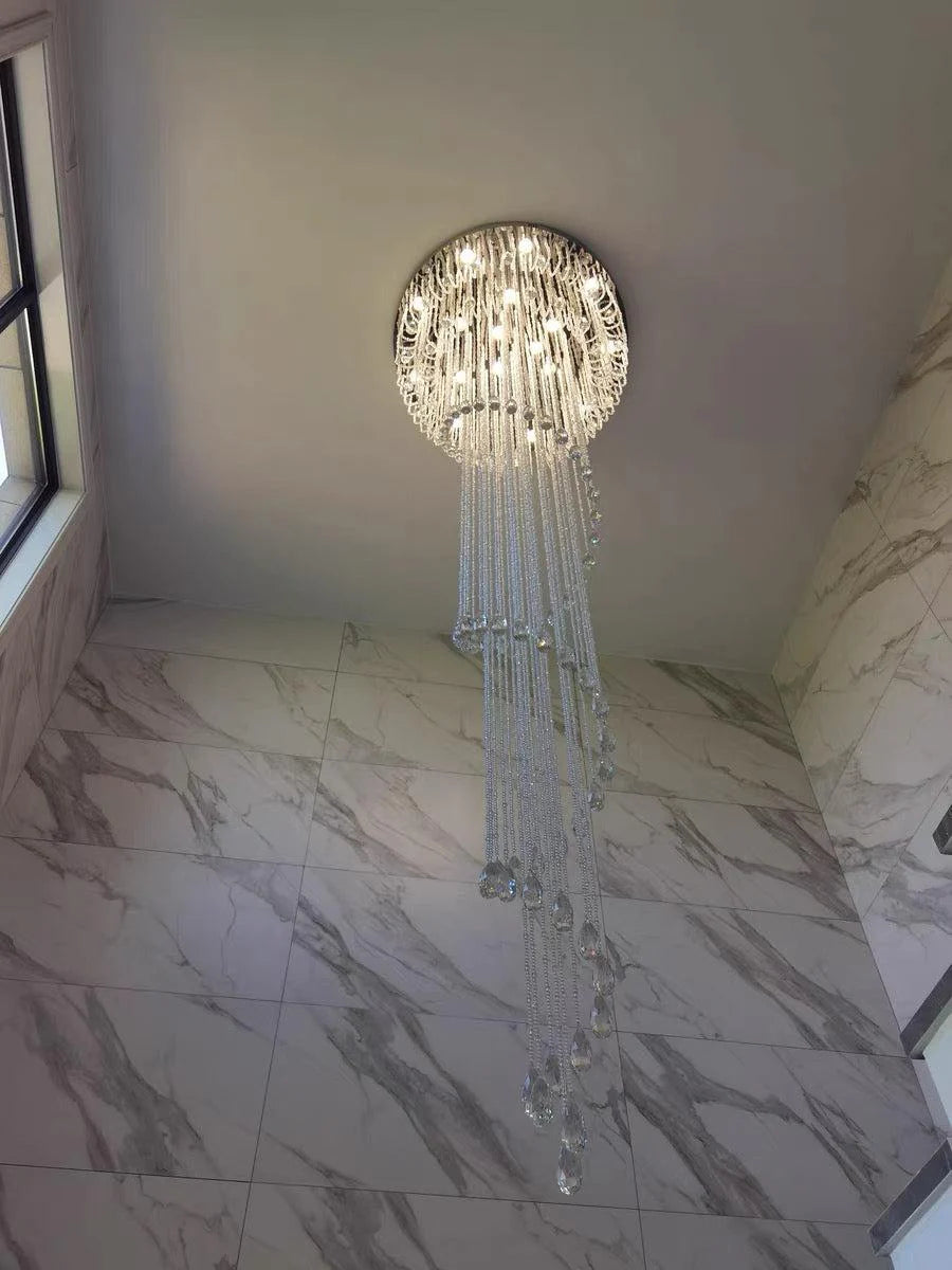 extra large, oversized, luxury, crystal, stainless steel, staircase,spiral,cascade, modern, chandelier, duplex building, China, shining
