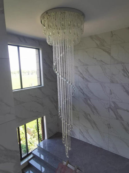 extra large, oversized, luxury, crystal, stainless steel, staircase,spiral,cascade, modern, chandelier, duplex building, China, shining