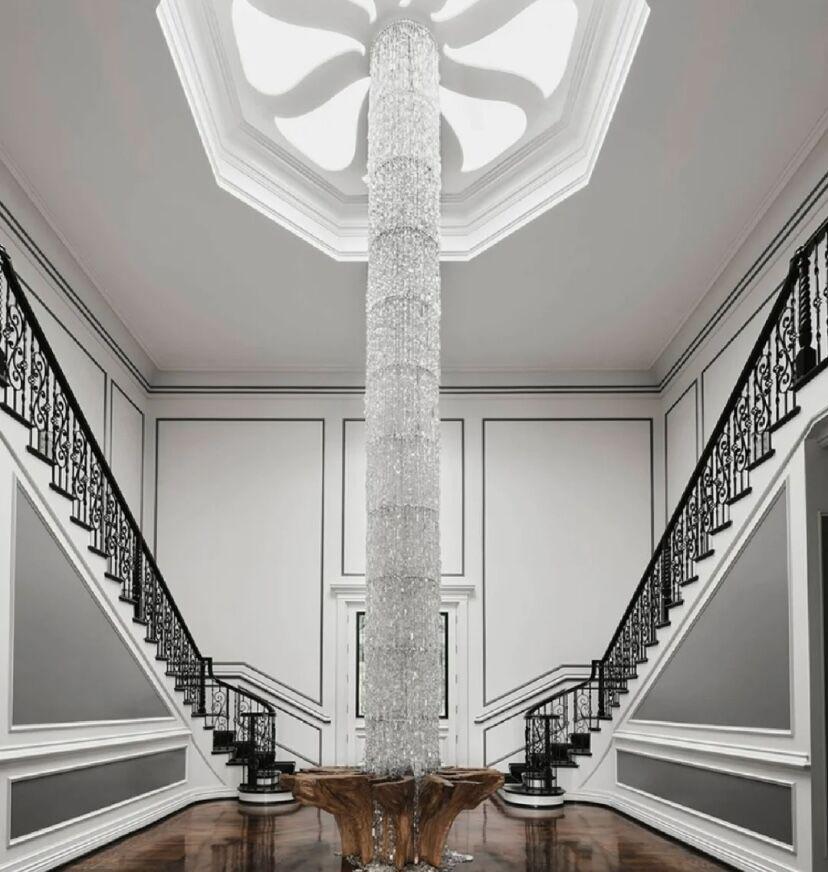Oversized Silver Crystal Long Ceiling Chandelier Art Designer CBUumn Waterfall Decorative Staircase Light Fixture