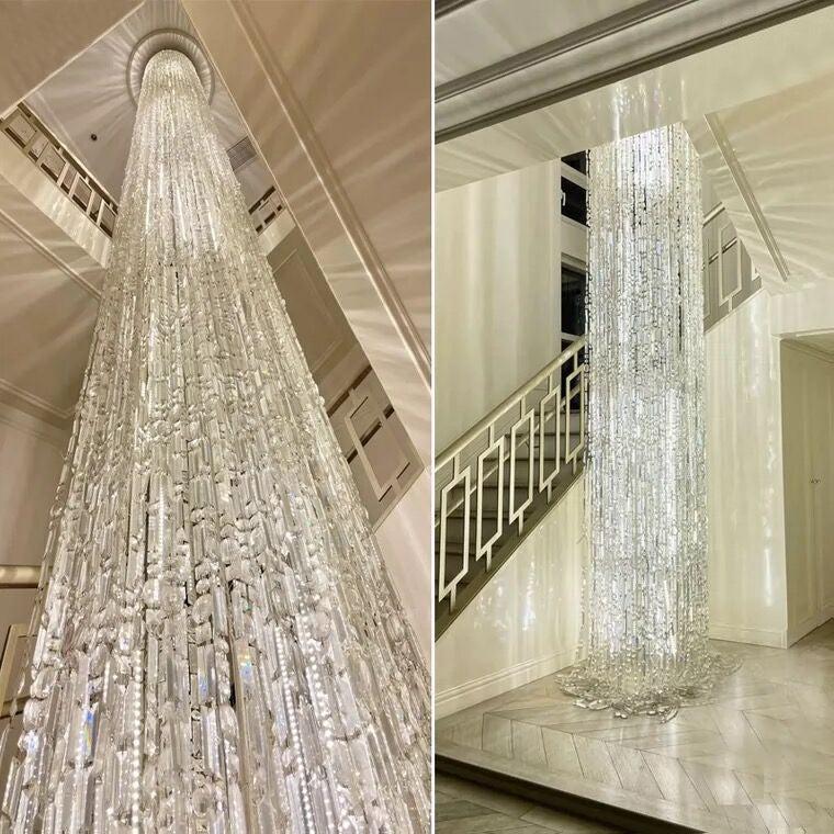 Oversized Silver Crystal Long Ceiling Chandelier Art Designer CBUumn Waterfall Decorative Staircase Light Fixture  fringe chrome finish crystal light