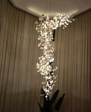 Oversized Creative Fashion Gingko Leaf Ceramic Plastic Porcelain Chandelier,Modern Light Luxury Staircase Long Light Fixture