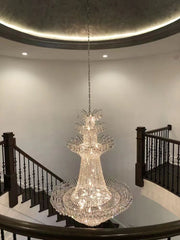 French Romantic Lotus Flower Oversized Artistic Crystal Chandelier Classic Multi-tiered Ceiling Light Fixture For 2-story/Duplex buildings Staircase,Foyer