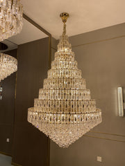 chandelier,foyer, living room, staircase,oversized, extra large, shining, crystal, multi-tiered, golden,luxury