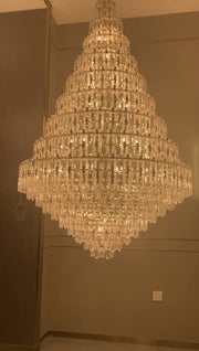 chandelier,foyer, living room, staircase,oversized, extra large, shining, crystal, multi-tiered, golden,luxury