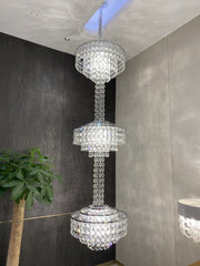 2023 New Oversized 3-tiered Silver Seashells Long Crystal Chandelier Modern French Elegant Decorative Staircase Light Fixture