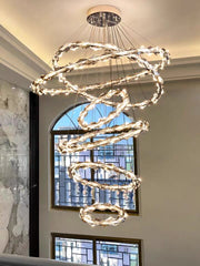 Oversized Multi-Tiered Rings Crystal Chandelier Modern Clear and Grey Crystal Ceiling Light Fixture For Staircase/Foyer/Hallway/Entryway