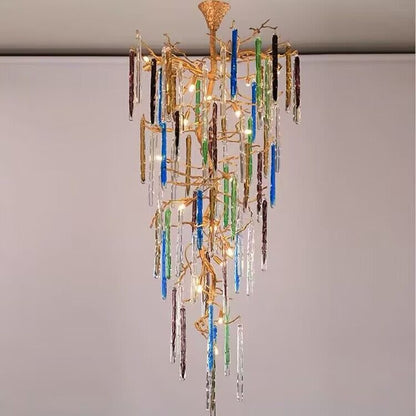 cBUorful, creative, Modern Light Luxury Brass Branches CBUored Glass CBUumn Chandelier for Staircase/Living Room/High-ceiling Space,special,unique,gorgeous, dimmable
