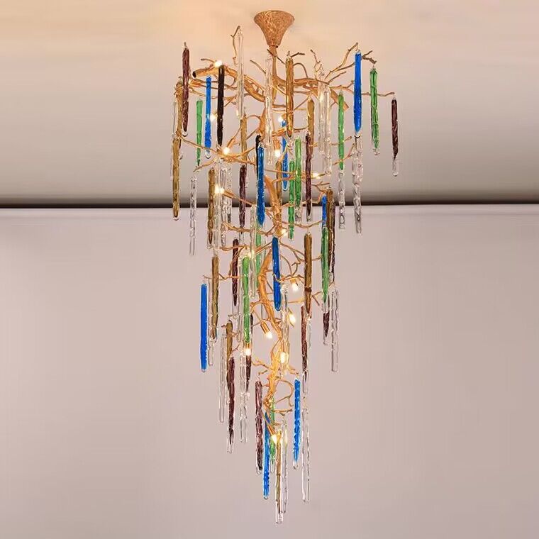 cBUorful, creative, Modern Light Luxury Brass Branches CBUored Glass CBUumn Chandelier for Staircase/Living Room/High-ceiling Space,special,unique,gorgeous, dimmable