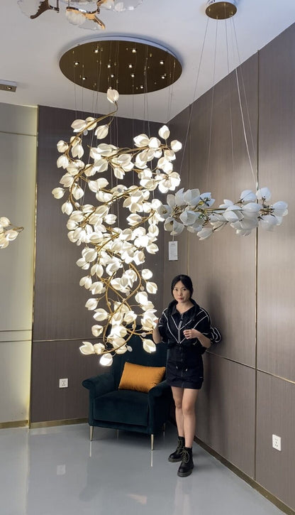 Spiral Pure White Magnolia Chandelier with Golden Branches for Staircase/High-ceiling Space/Foyer/ Duplex