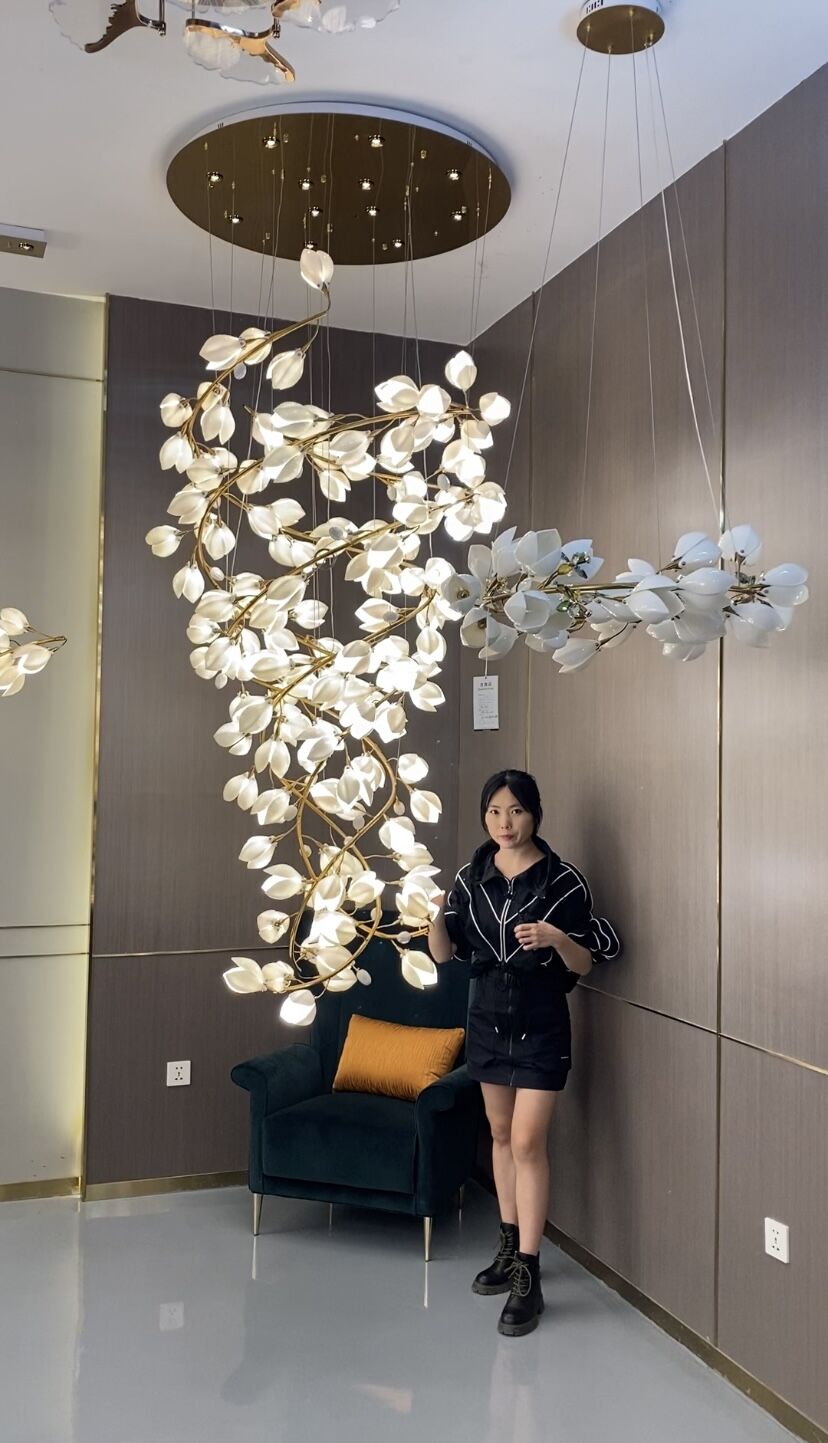 Spiral Pure White Magnolia Chandelier with Golden Branches for Staircase/High-ceiling Space/Foyer/ Duplex