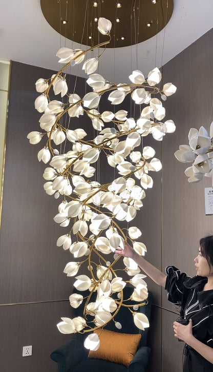 Spiral Pure White Magnolia Chandelier with Golden Branches for Staircase/High-ceiling Space/Foyer/ Duplex
