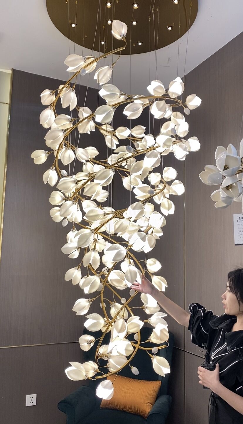 Spiral Pure White Magnolia Chandelier with Golden Branches for Staircase/High-ceiling Space/Foyer/ Duplex