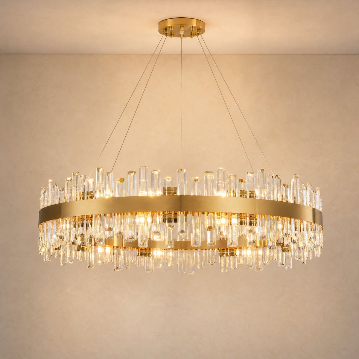 Round Golden Crystal Island Chandelier-1000 - illuminated
