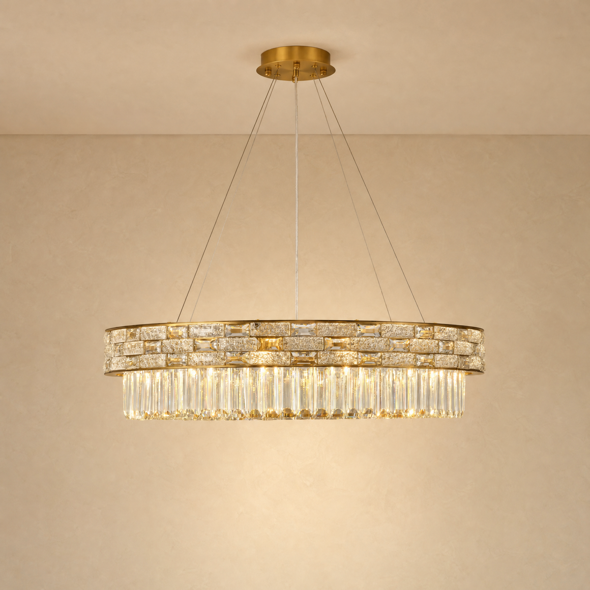 Ice Flake Crystal Round Pendant 31.5 Inch - Gold - illuminated