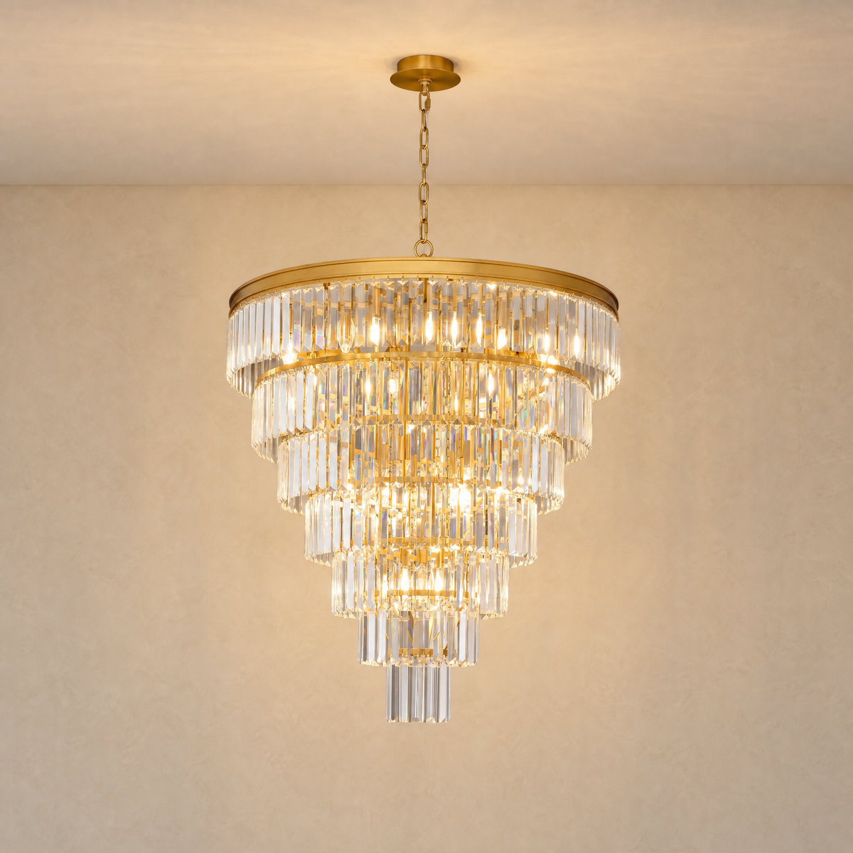 Striped Crystal Tower Round Pendant - Gold - illuminated