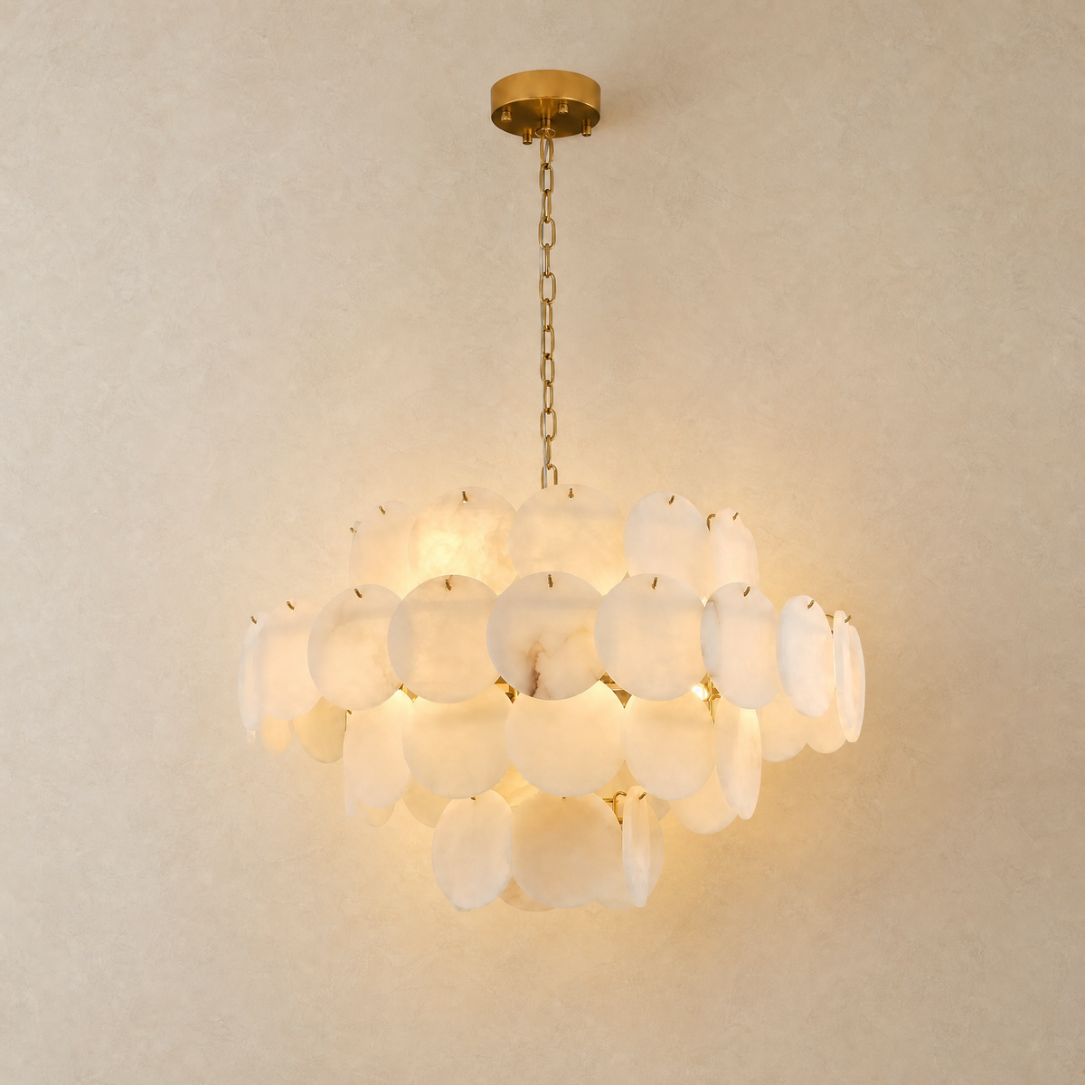 Natural Alabaster 31.5" Round Chandelier - illuminated