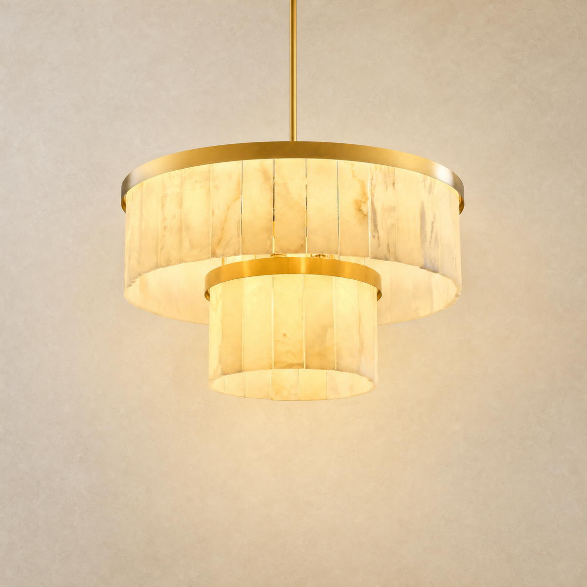 24" 2-Tier Alabaster Round Chandelier - Gold - illuminated
