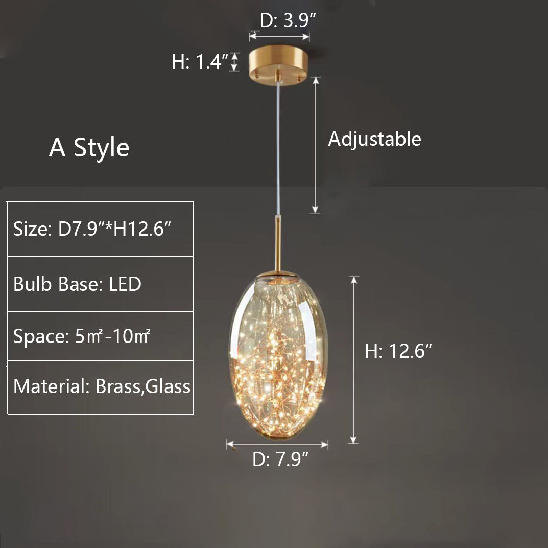 A: D7.9"*H12.6" pendant,chandelier,chandeliers,glass,brass,star,art,designer recommended,dining table,kitchen island,bar,dining bar