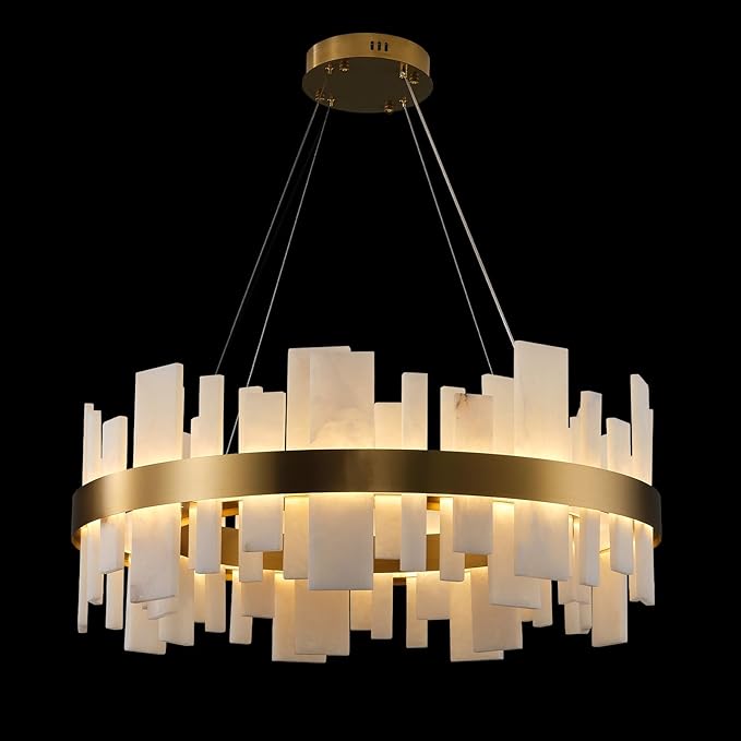 Adjustable Luxury Alabaster Round Chandelier – 31.5in Natural Stone - Gold - 31.5 inBlushlighting