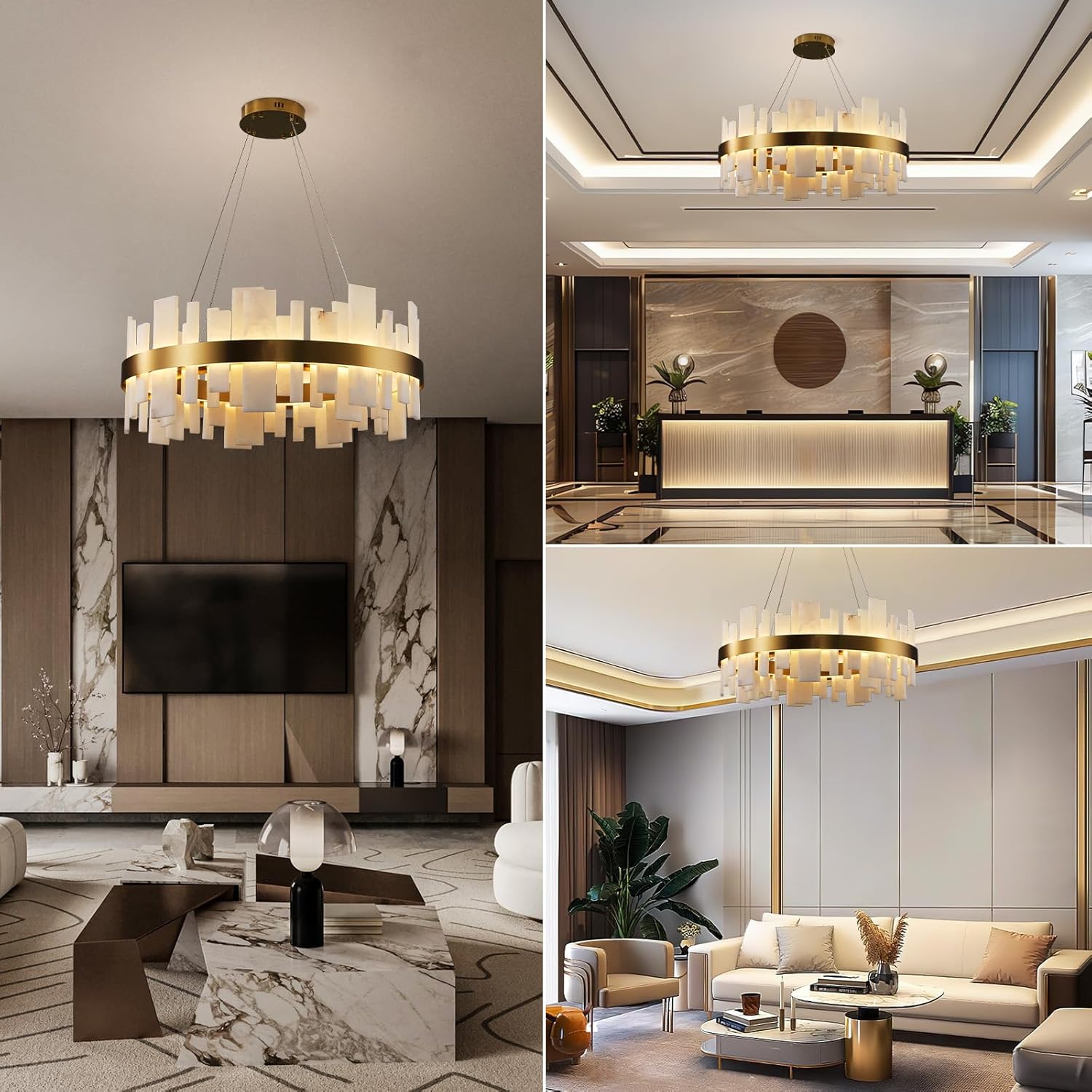 Adjustable Luxury Alabaster Round Chandelier – 31.5in Natural Stone - Gold - 31.5 inBlushlighting