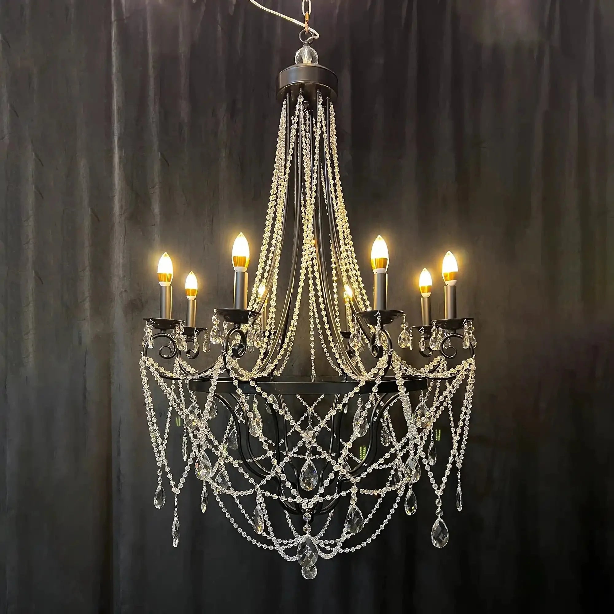 Affordable French Vintage Iron Crystal Pendant Candle Chandelier for Living Room / Restaurant / Cafe / Hotel lobby - 8 Lights: D32.7"*H52.0"BlackWarm LightBlushlighting