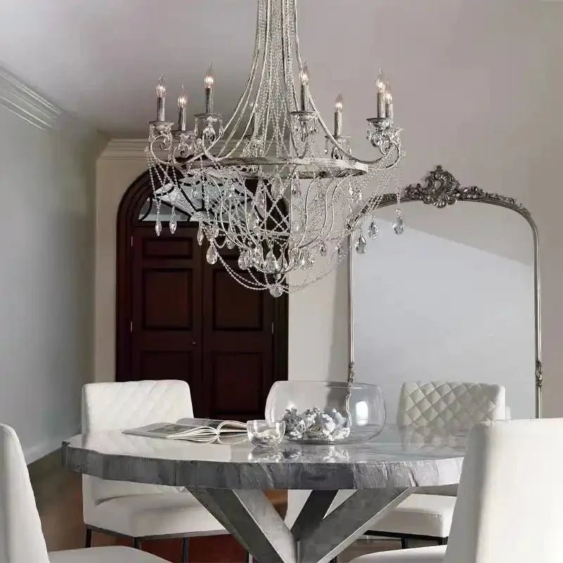 Affordable French Vintage Iron Crystal Pendant Candle Chandelier for Living Room / Restaurant / Cafe / Hotel lobby - 8 Lights: D32.7"*H52.0"WhiteDimmable Warm LightBlushlighting