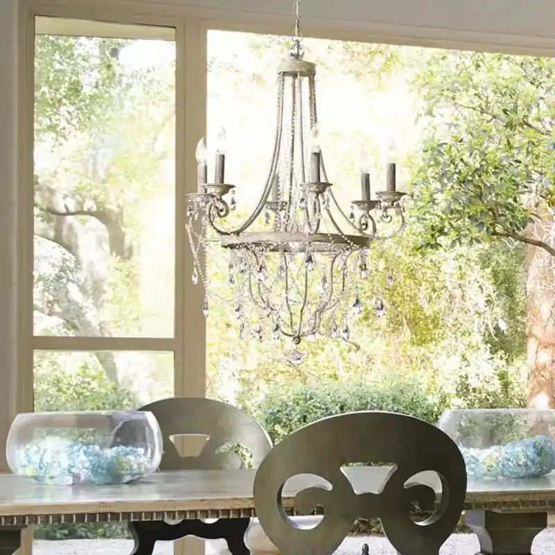 Affordable French Vintage Iron Crystal Pendant Candle Chandelier for Living Room / Restaurant / Cafe / Hotel lobby - 6 Lights: D24.8"*H36.6"WhiteWarm LightBlushlighting