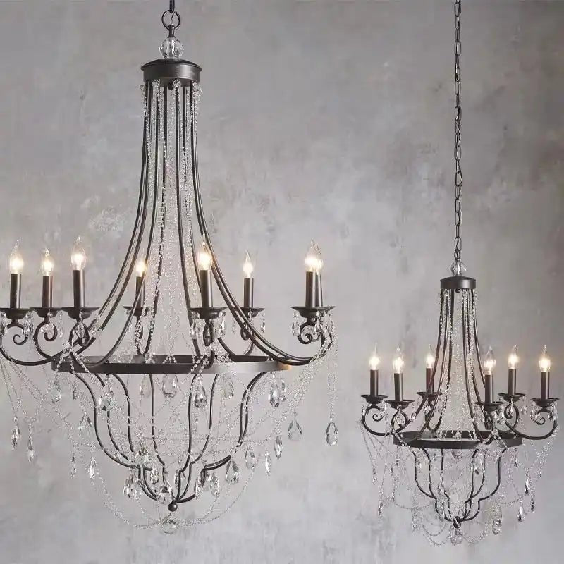 Affordable French Vintage Iron Crystal Pendant Candle Chandelier for Living Room / Restaurant / Cafe / Hotel lobby - Blushlighting