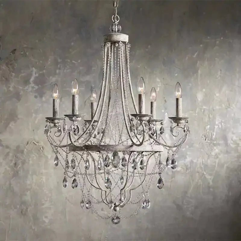 Affordable French Vintage Iron Crystal Pendant Candle Chandelier for Living Room / Restaurant / Cafe / Hotel lobby - 6 Lights: D24.8"*H36.6"WhiteDimmable Warm LightBlushlighting