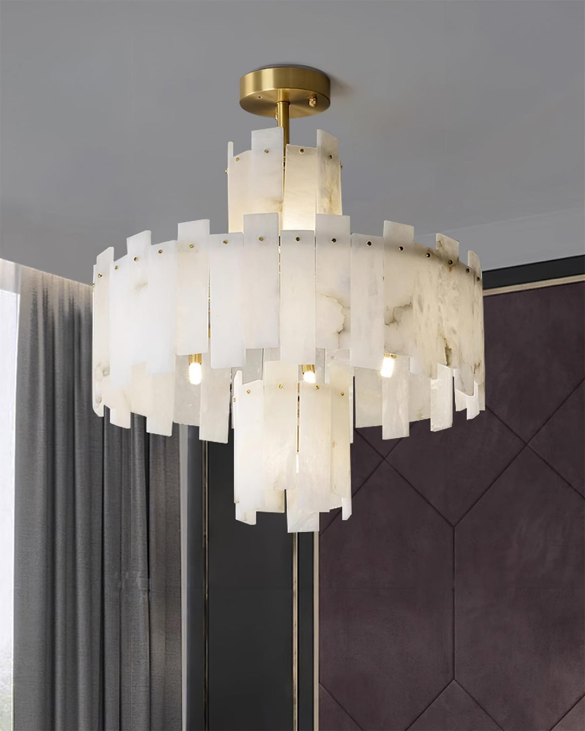 Alabaster Chandelier – Elegant Brass & White Alabaster Light Fixture - ∅ 23.6″ x H 26.7″Brass & White AlabasterBlushlighting