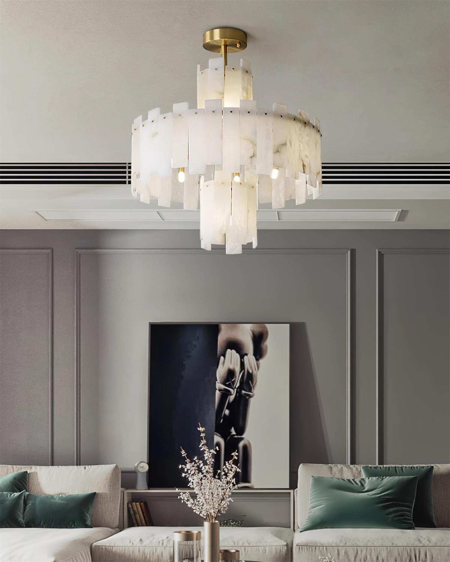 Alabaster Chandelier – Elegant Brass & White Alabaster Light Fixture - ∅ 23.6″ x H 26.7″Brass & White AlabasterBlushlighting