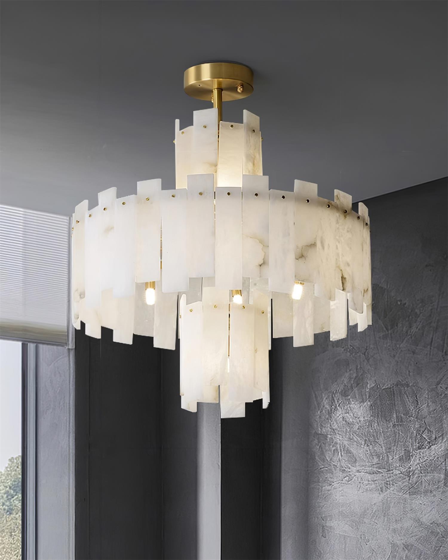 Alabaster Chandelier – Elegant Brass & White Alabaster Light Fixture - ∅ 23.6″ x H 26.7″Brass & White AlabasterBlushlighting