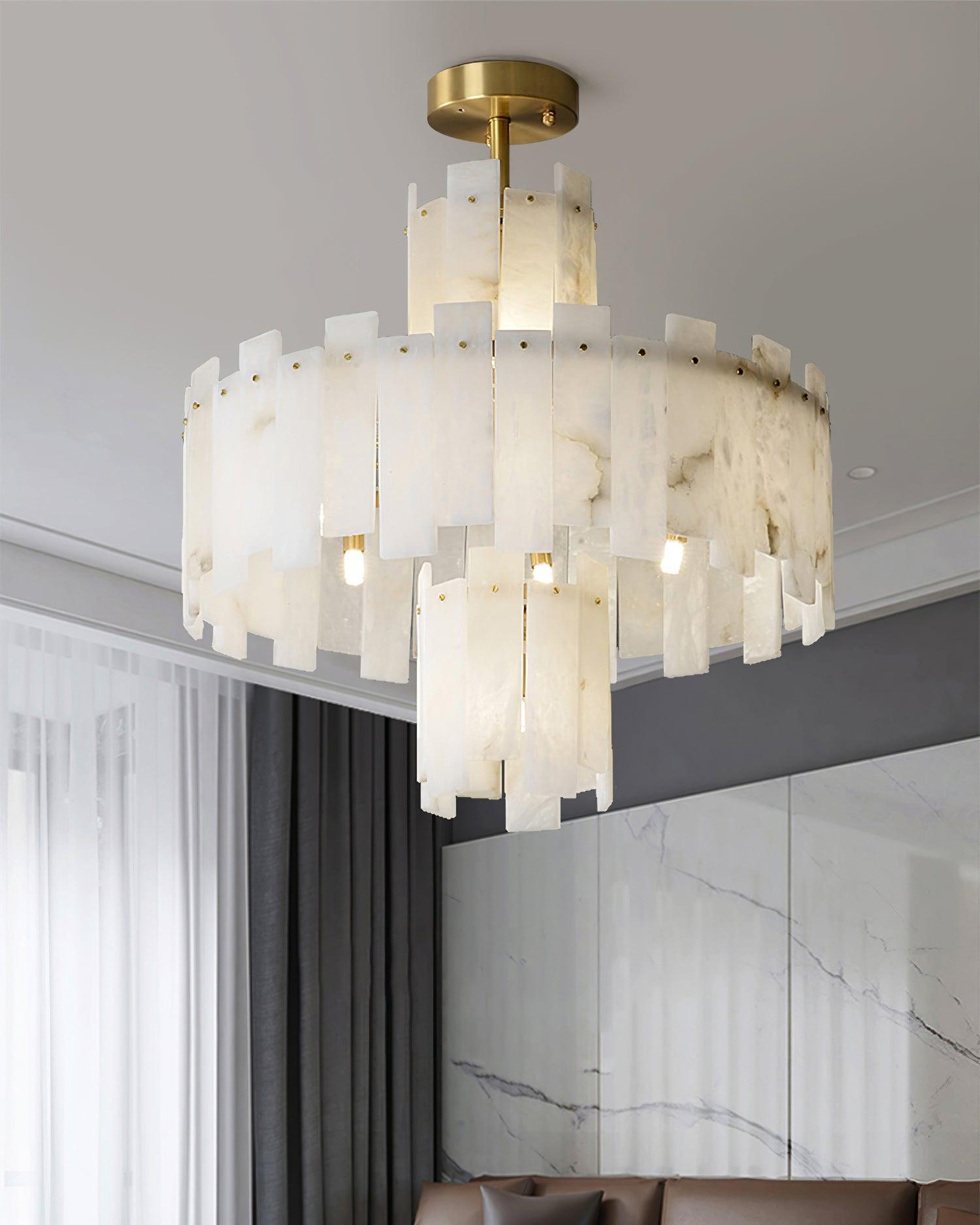 Alabaster Chandelier – Elegant Brass & White Alabaster Light Fixture - ∅ 23.6″ x H 26.7″Brass & White AlabasterBlushlighting