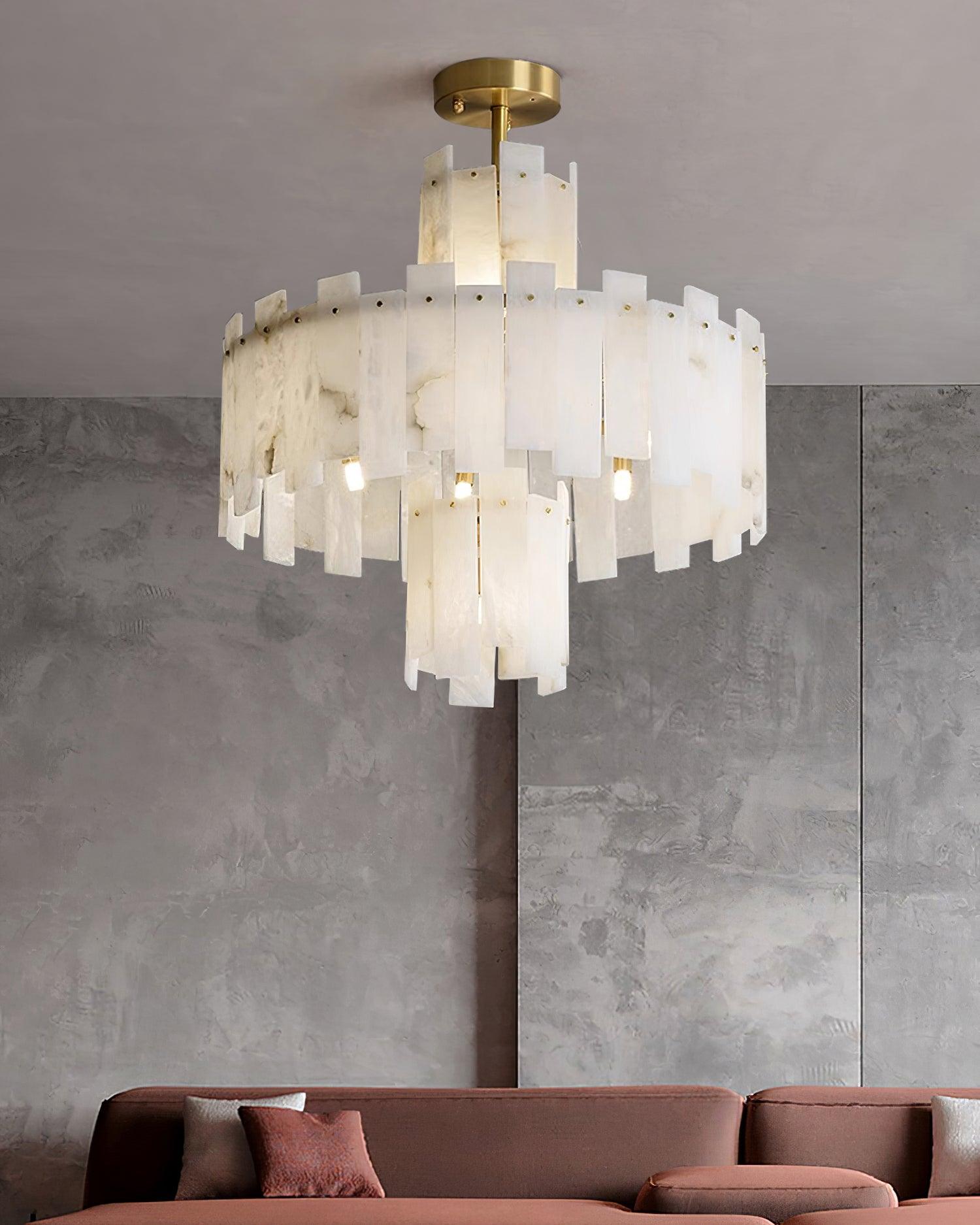 Alabaster Chandelier – Elegant Brass & White Alabaster Light Fixture - ∅ 23.6″ x H 26.7″Brass & White AlabasterBlushlighting