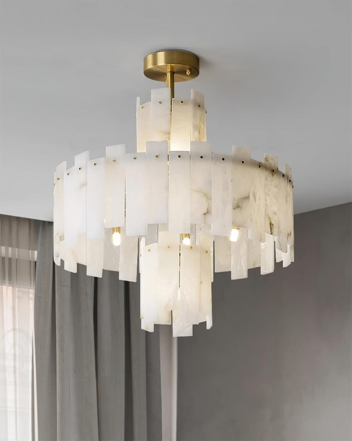 Alabaster Chandelier – Elegant Brass & White Alabaster Light Fixture - ∅ 23.6″ x H 26.7″Brass & White AlabasterBlushlighting