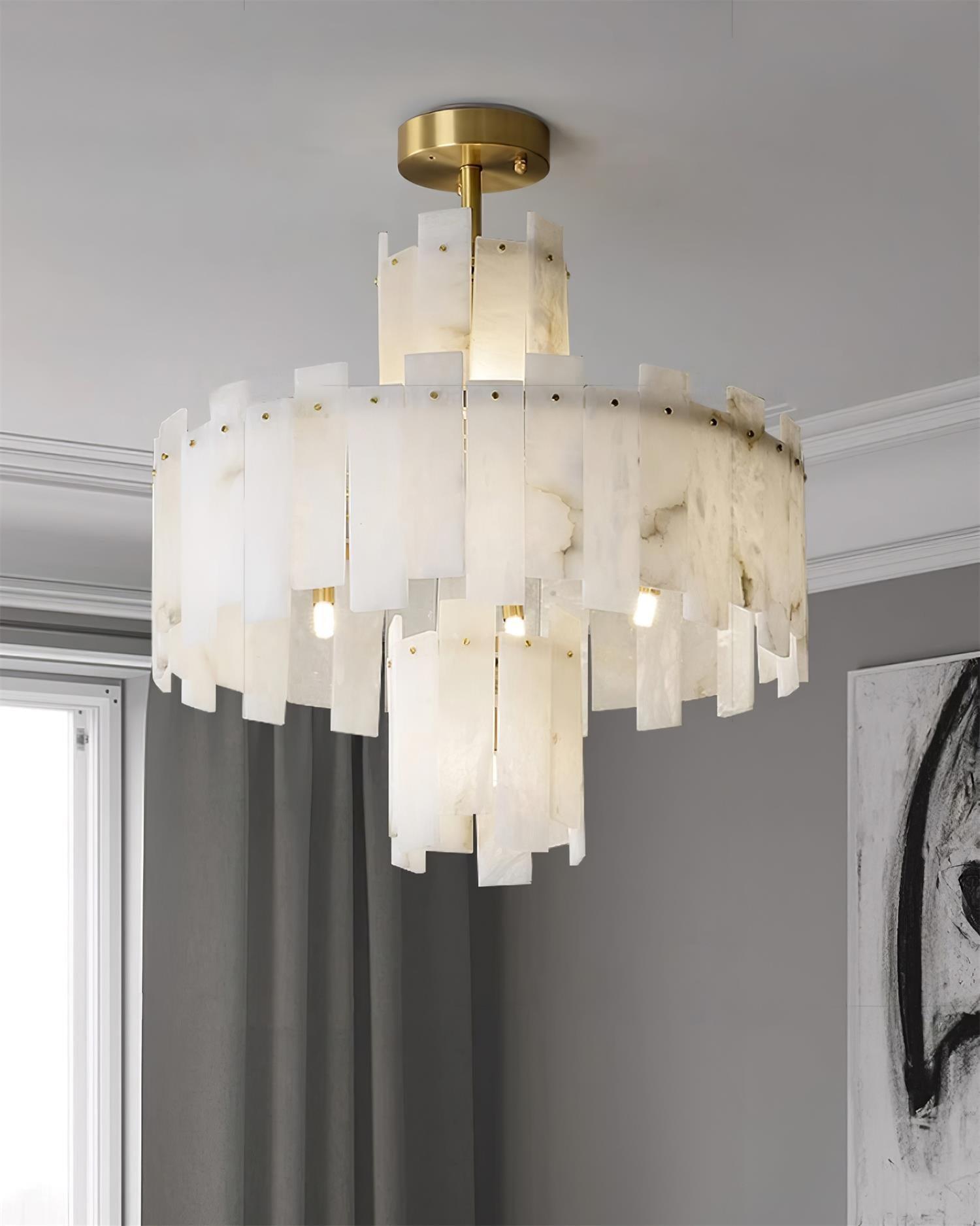 Alabaster Chandelier – Elegant Brass & White Alabaster Light Fixture - ∅ 23.6″ x H 26.7″Brass & White AlabasterBlushlighting