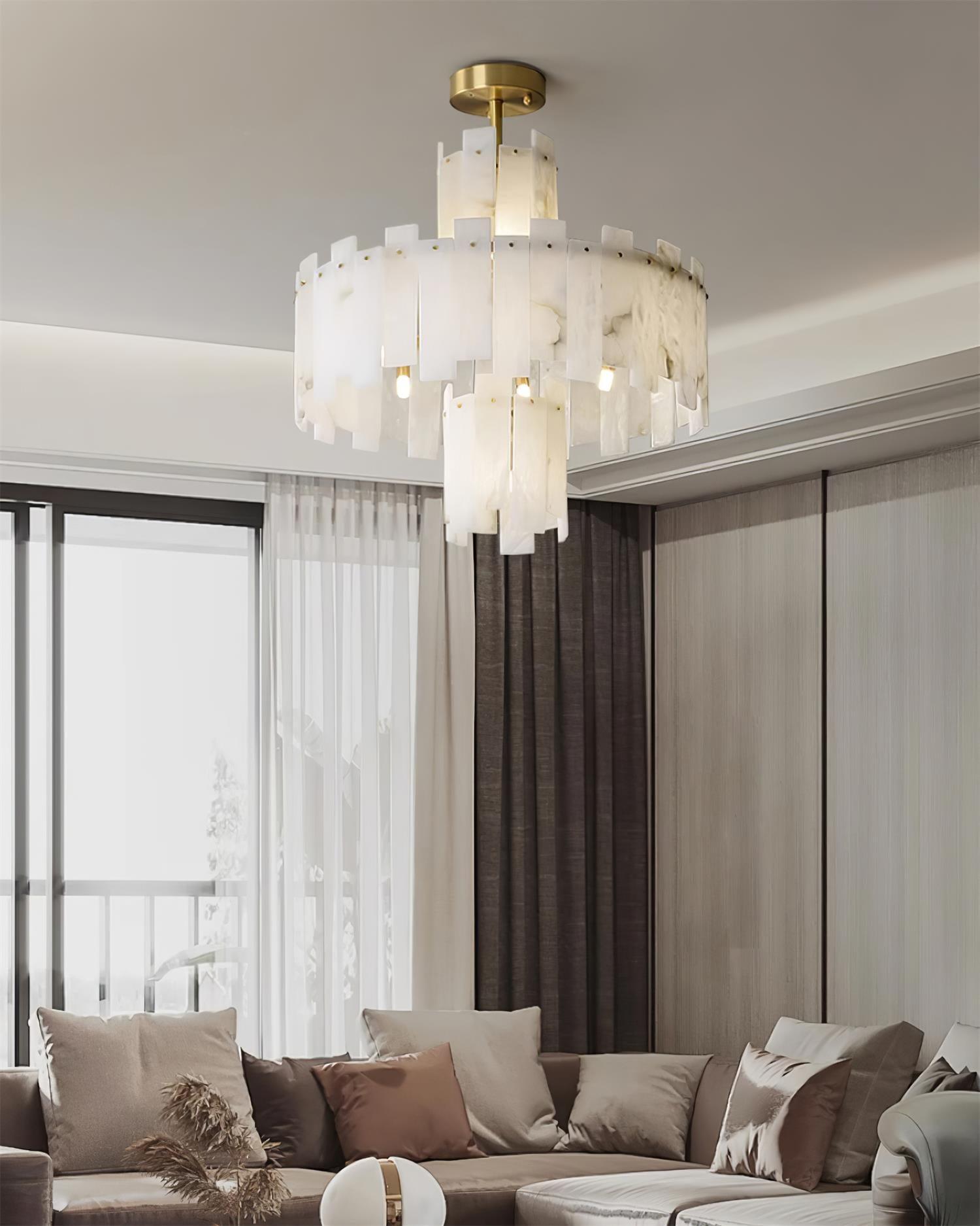 Alabaster Chandelier – Elegant Brass & White Alabaster Light Fixture - ∅ 23.6″ x H 26.7″Brass & White AlabasterBlushlighting