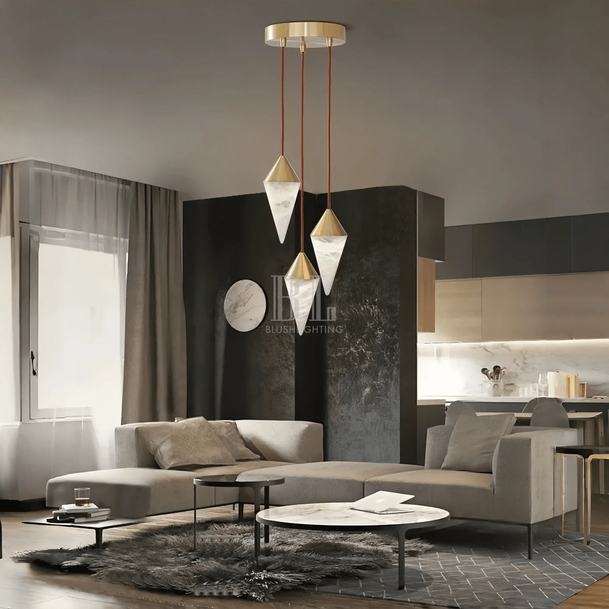 Alabaster Cone Pendant Light - 9 lightsBrassBlushlighting