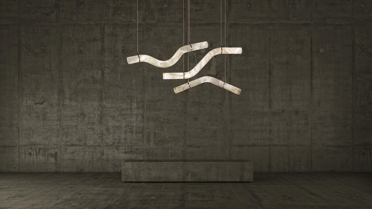 Alabaster Curved Chandelier - 61"WLacquered Burnished BrassBlushlighting