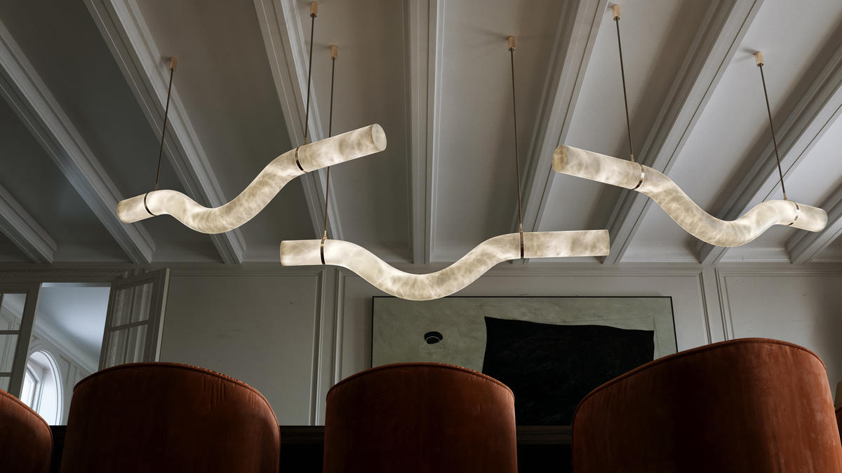 Alabaster Curved Chandelier - 51.25"WLacquered Burnished BrassBlushlighting
