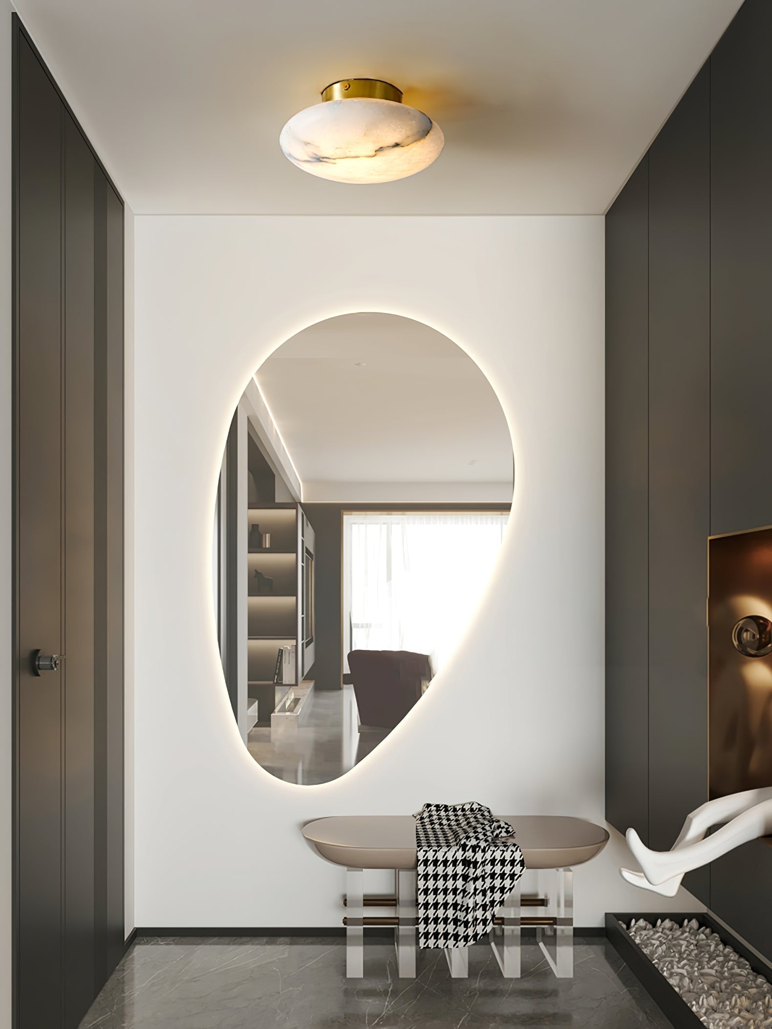 Alabaster Oval Ceiling Lamp - ∅ 7.9″ x H 3.9″Brass & WhiteWarm LightBlushlighting