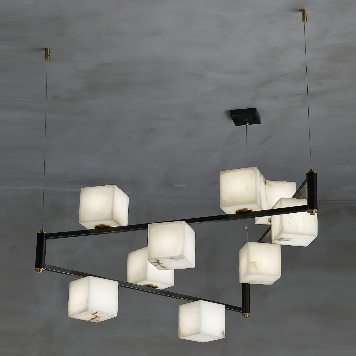 Alabaster Square Box Chandelier with 4/5/6/8/9 heads-9 Heads L 41.3" x W 41.3" x H 17.7" / L 105cm x W 105cm x H 45cm-Brass & Black & White-Blushlighting