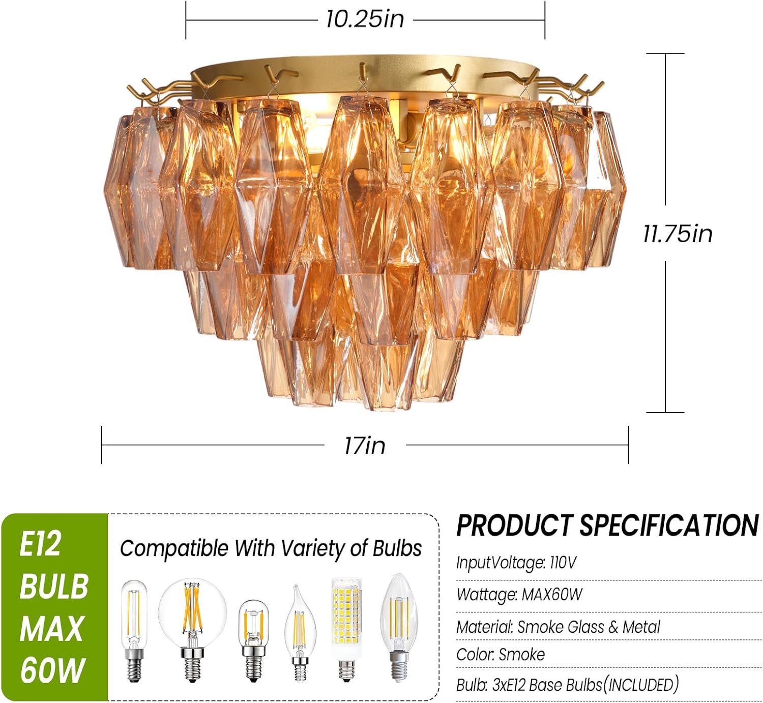 Amber 17" Modern Crystal Glass Chandelier for Elegant Ceiling Lighting