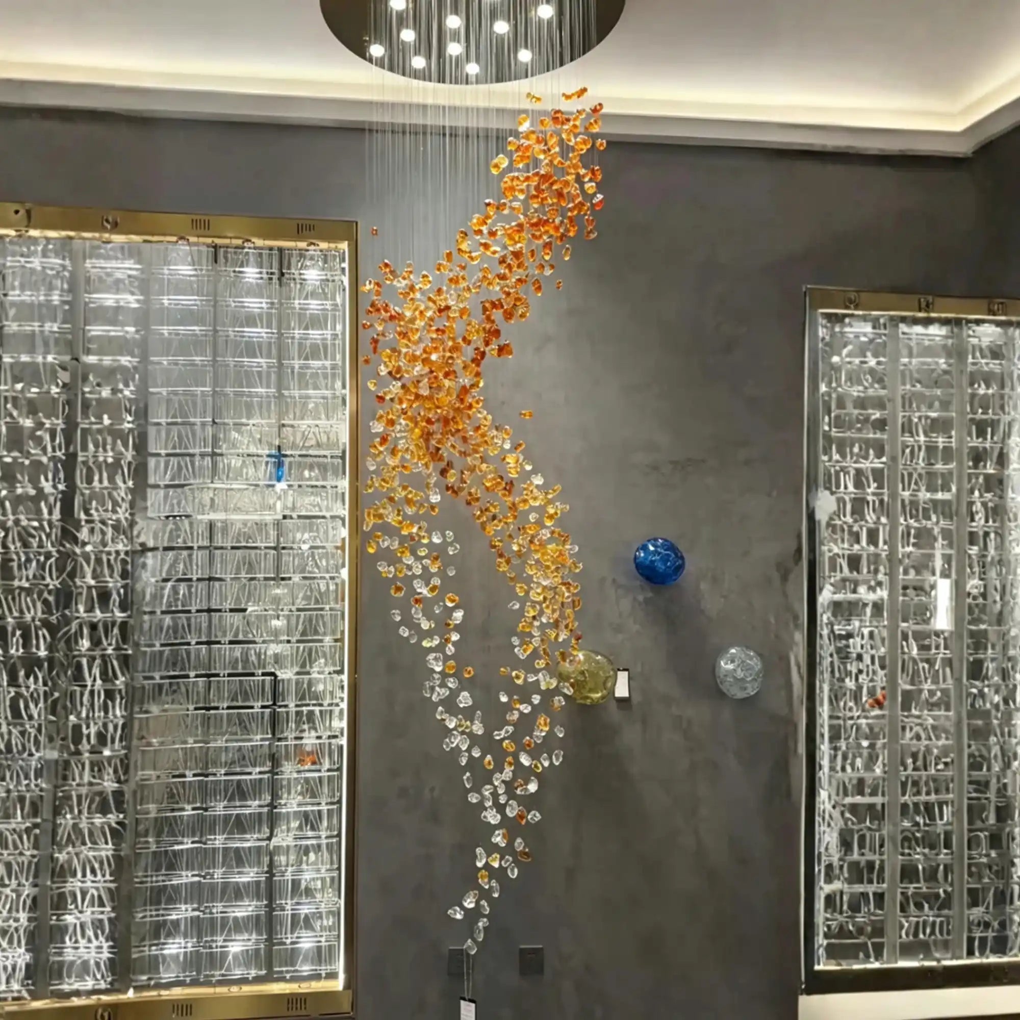 Amber Art Glass Spiral Chandelier for Staircase & High Ceiling Foyer - D39.4"*H118.5"(D100cm*H301cm)Warm LightBlushlighting