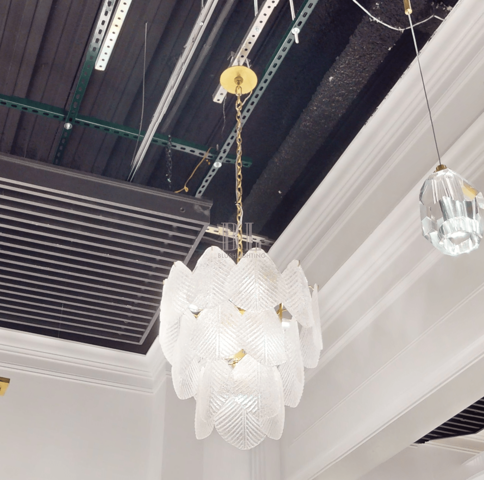 Antique Gold Frosted Glass Nine - Light Chandelier with Cascading Petal Design - Blushlighting