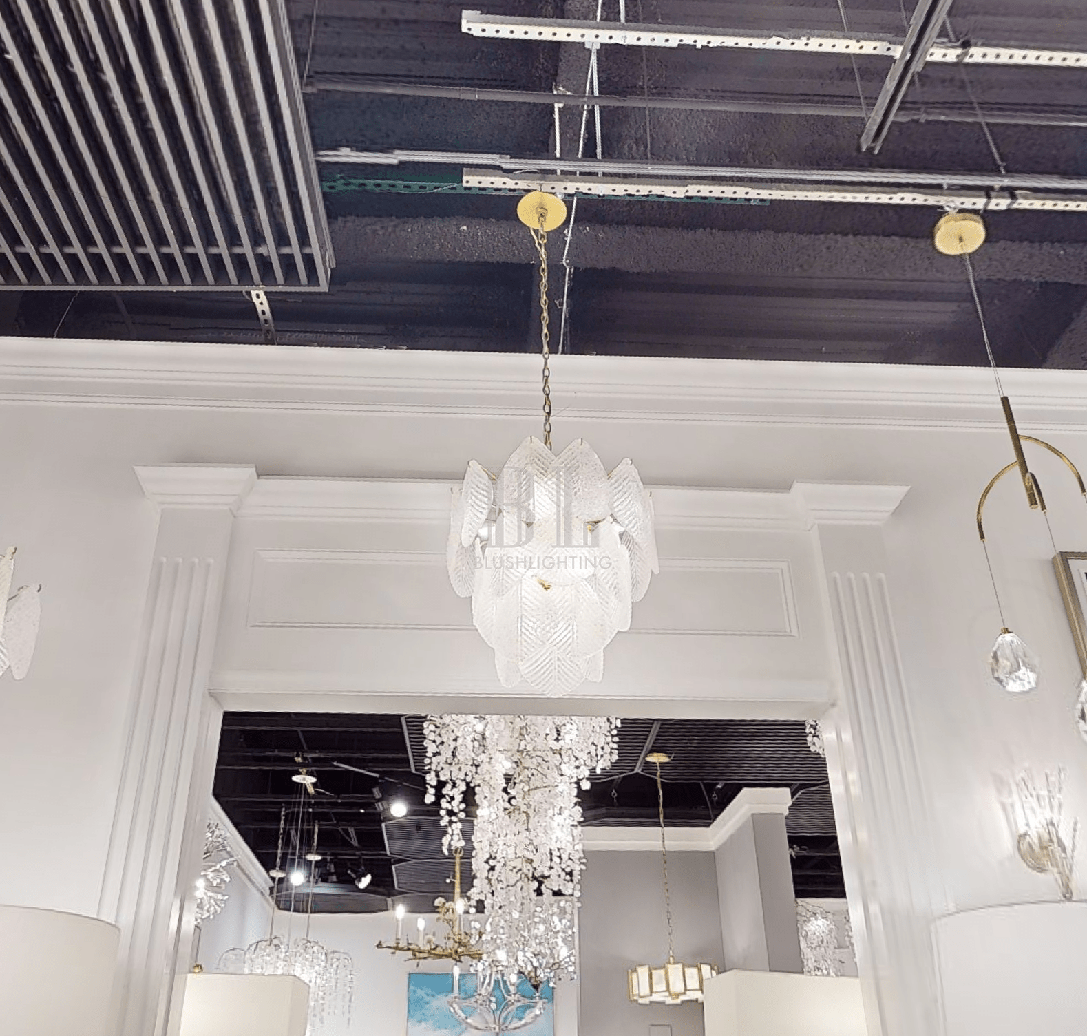 Antique Gold Frosted Glass Nine - Light Chandelier with Cascading Petal Design - Blushlighting